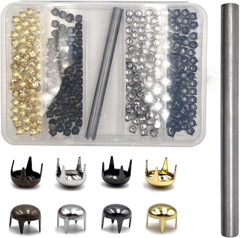 honigo 400pcs Nailheads Round Dome Studs Rivets Mixed Color Metal Solid Brass 6mm 4 Prongs Spikes Spots for Leather Craft Clothes Belt Bag Shoes Decorations Totes DIY Craft Gold Silver Gun Bronze - Image 3